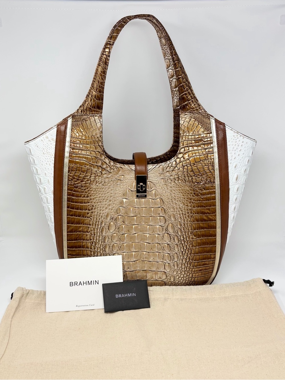BRAHMIN Carla Tote Cappuccino Shoreham Melbourne Leather Croc Embossed Bag Purse
